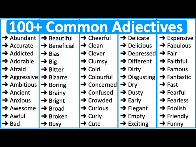 100+ Common Adjectives in English 📚 | Parts of speech