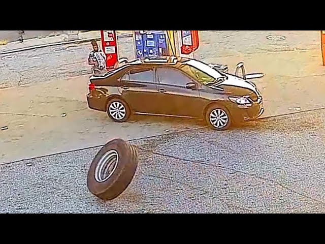 Random Tire Crashes Into Car