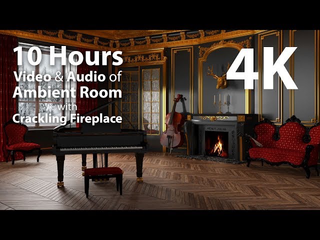 4K HDR 10 hours  - Ambient Music Room with Fireplace & Crackling Audio - relaxing, warm, calming