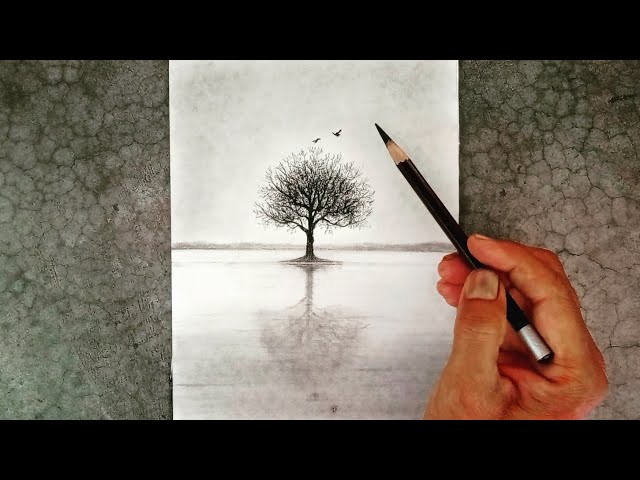 Easy pencil drawing of tree, water lake ,flying birds and reflection for beginners.