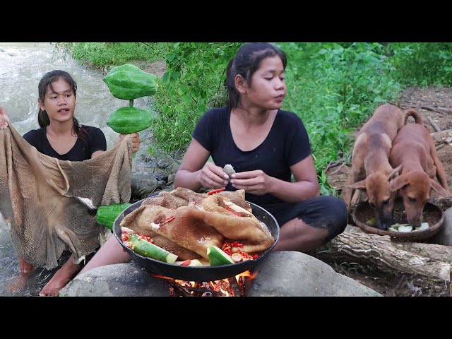 Survival cooking in forest - Beef stomach soup spicy with papaya for food with dog - Cooking for dog