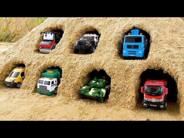 Bibo play Toys Police Car, Tank, Dump Truck and Garbage Truck knocked down by Dinosaurs