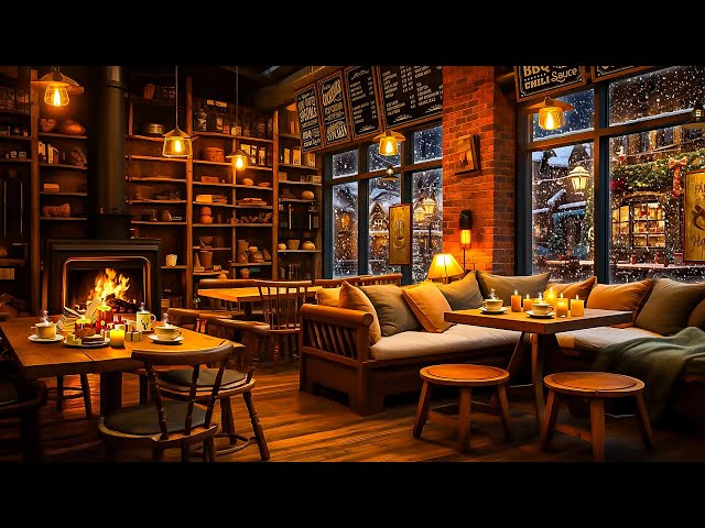 Relaxing Winter Jazz Music in Cozy Coffee Shop Ambience with Snow Falling for Study, Work, Focus