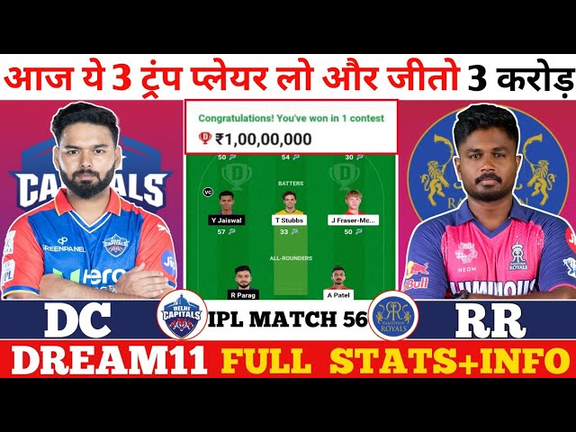 Dc vs RR Dream11 Prediction| RR vs DC Dream11 Prediction| Delhi vs Rajasthan 56th Match 2024|