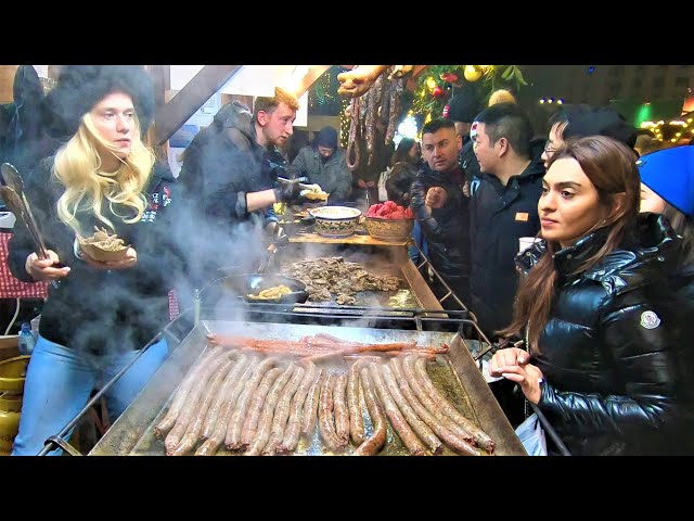 Street Food in Bucharest, Romania. Giant Sausages, Grilled Meat of Veal, Pork and Sheep