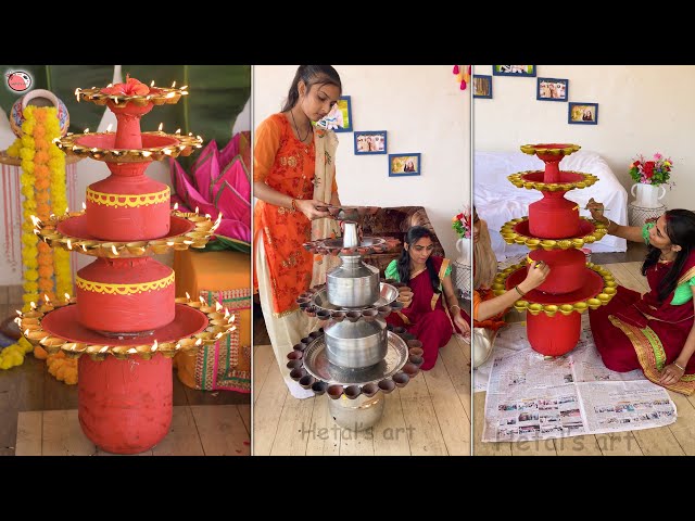 Two sister - eco-friendly vessel diya with stand decor ideas for a green Diwali