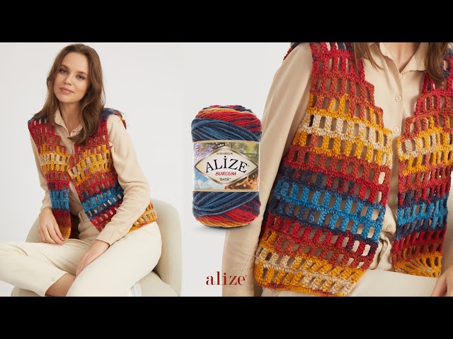 Crochet Tunisian Stitch Vest with Alize Burcum Batik