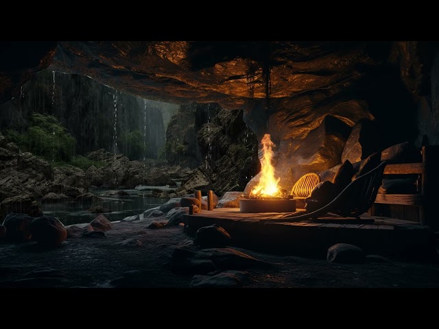 Heavy Rainfall, Thunder Night and Fireplace 🔥 Cozy Cave Ambience for Fall Asleep Instantly and Relax