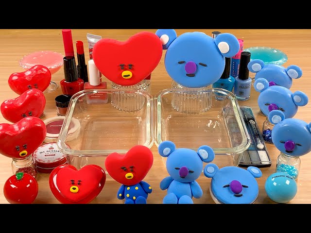 BT21 RED vs BLUE w CLAY★Mixing Makeup Eyeshadow Glitter into SLIME★ASMR★Satisfying Slime Video#077