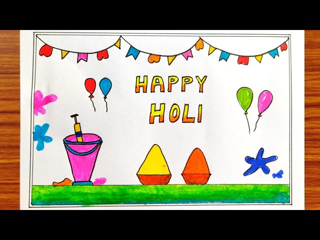 How to draw colourful Holi card | Easy Holi greeting card | Beautiful Holi card making ideas