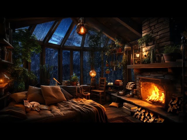 Thunderstorm with Lightning, Rain, Crackling Fireplace & Sleeping Cats in a Cozy Cabin