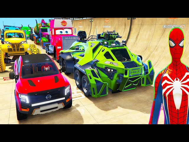 SPIDERMAN CARS Monster Trucks MEGA Ramp Challenge ! SUPERHEROES HULK GOKU FIRE Truck on LAKE - GTA V