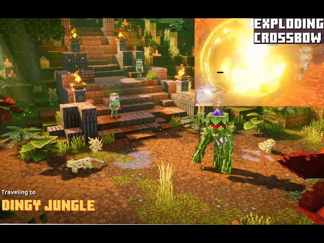 Going into dingy jungle. And using a exploding crossbow. In Minecraft Dungeons jungle expansion