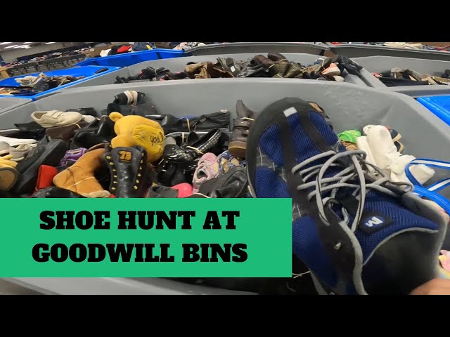 Three carts of shoes from goodwill bins