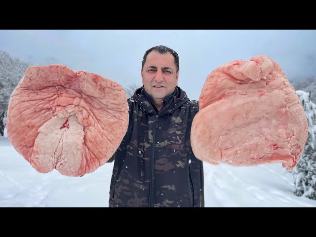 Mutton Fat and Juicy Kebab! Beautiful Snowfall in the Village of Azerbaijan