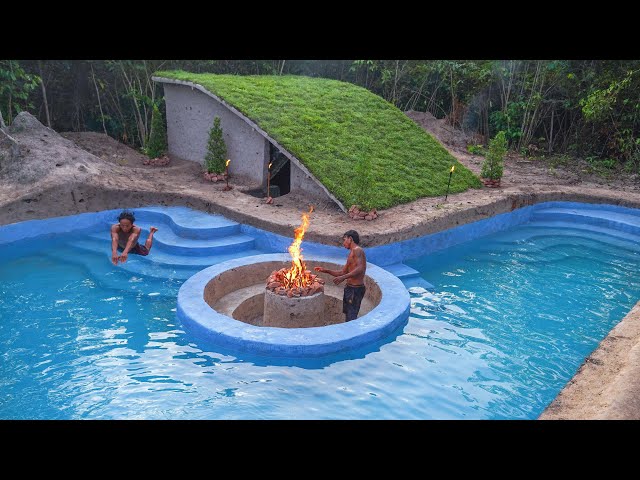 105 Days Building an Amazing Underground Mud Hut with a Grass Roof & Fire Pit in Swimming Pool
