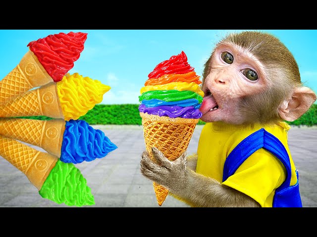 KiKi Monkey play Colorful Ice Cream challenge and eat Fruits Jelly with puppy | KUDO ANIMAL KIKI