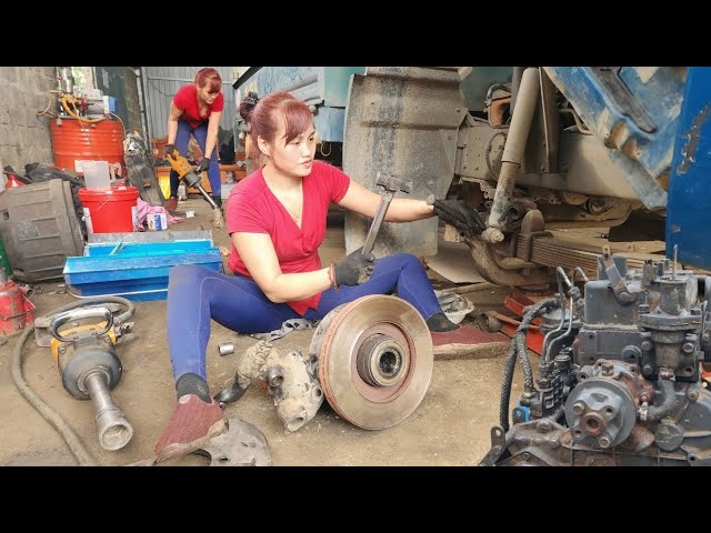 Genius girl repairs and restores a car.
