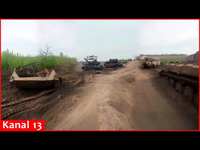 Image of destroyed Russian vehicles along road in Zaporozhye - tanks, armored vehicles...