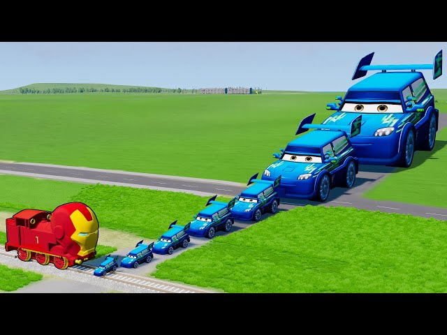 Big & Small Pixar Cars VS Iron Man the Tank Engine Train - BeamNG.drive