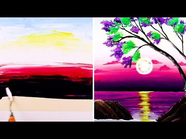 How to Paint Sunset Scenery in 3 Minutes Step by Step for beginners 😍 | Acrylic Painting Techniques