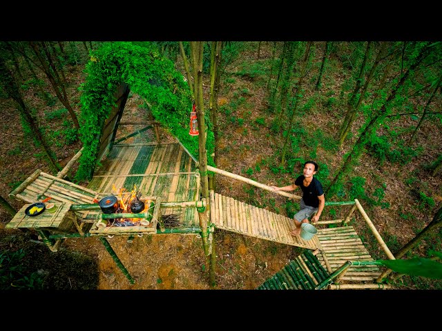 How To Build An Elevated Bamboo House With Long Slide - Building Alone In A Rain Forest