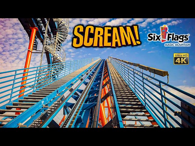 2022 Scream Floorless Roller Coaster On Ride Front Row 4K POV Six Flags Magic Mountain