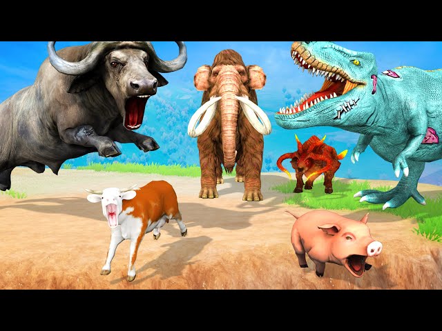 Giant Dinosaur vs Giant Buffalo Fight Mini Cow Cartoon Pig Saved By Woolly Mammoth Giant Bull Fight