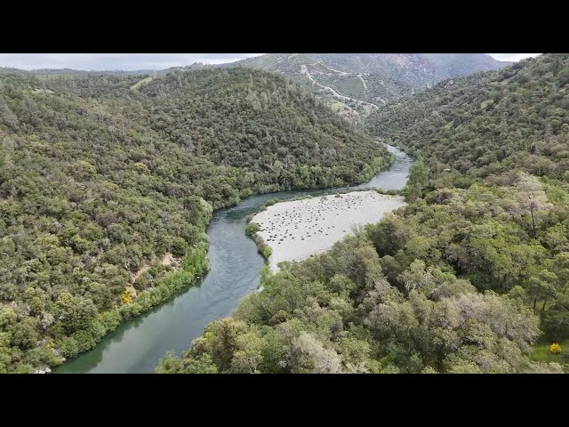 The Yuba River is running clear and cold past French Bar in French Ravine, April 2024 CA - 4k drone