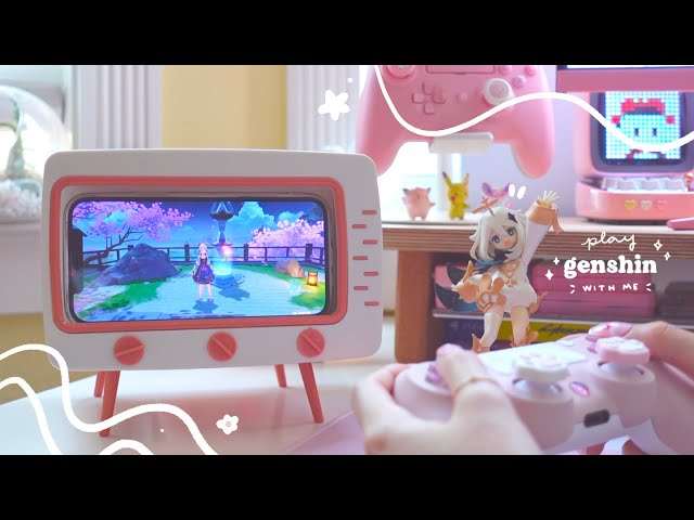 🍡 playing genshin impact on a cute lil' "TV" | 20 min of gameplay (jp dub) + controller asmr (?) ✩