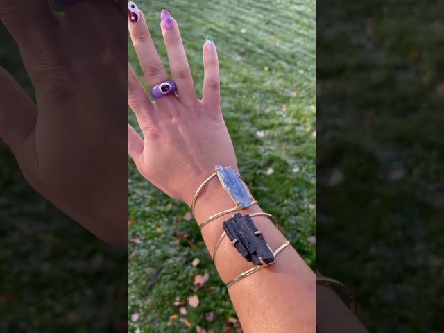 Blue kyanite and black tourmaline crystal cuff bracelets - adjustable brass