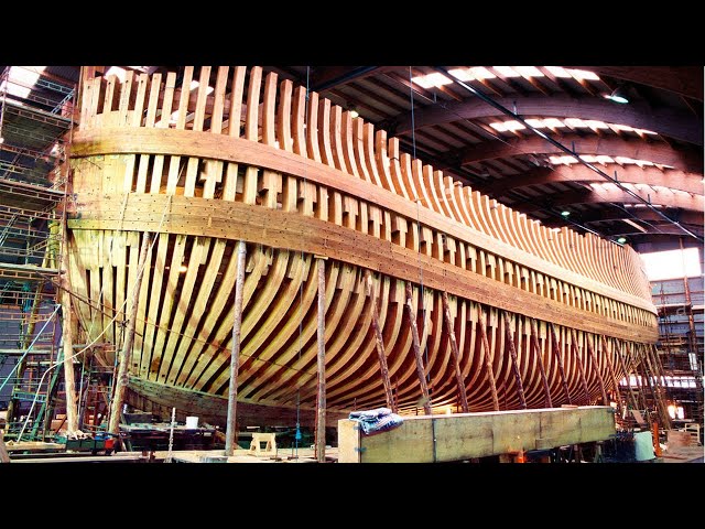 Amazing luxury wooden ship building process. Incredible modern wooden yachts assembling construction