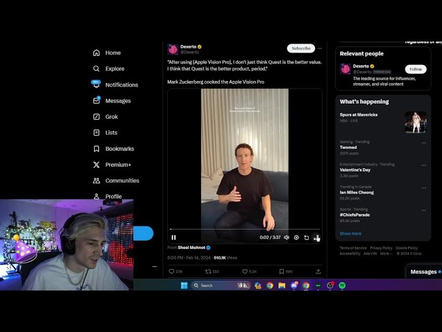 xQc reacts to Mark Zuckerberg Cooking The Apple Vision Pro