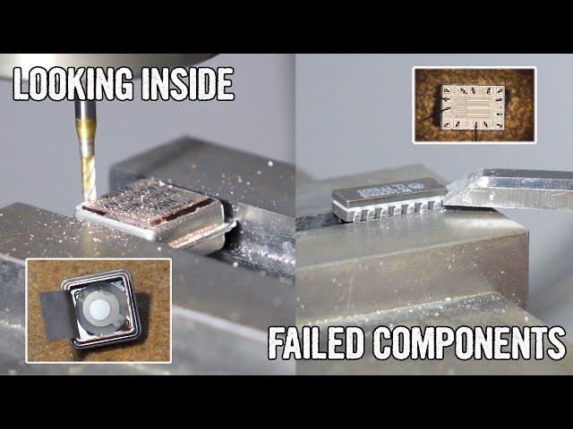 Inside failed vintage components: 1 MHz quartz crystal and early CMOS IC