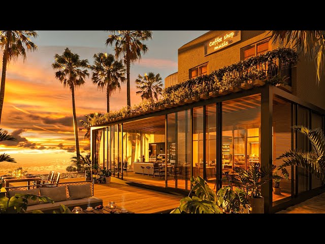 Sunset Seaside Coffee Shop with Jazz Music and Relaxing Sea Waves Sounds to Relax, Study, Sleep