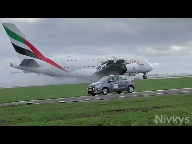 EHAM | AMS Schiphol | Emirates A380 Crosswind landing.