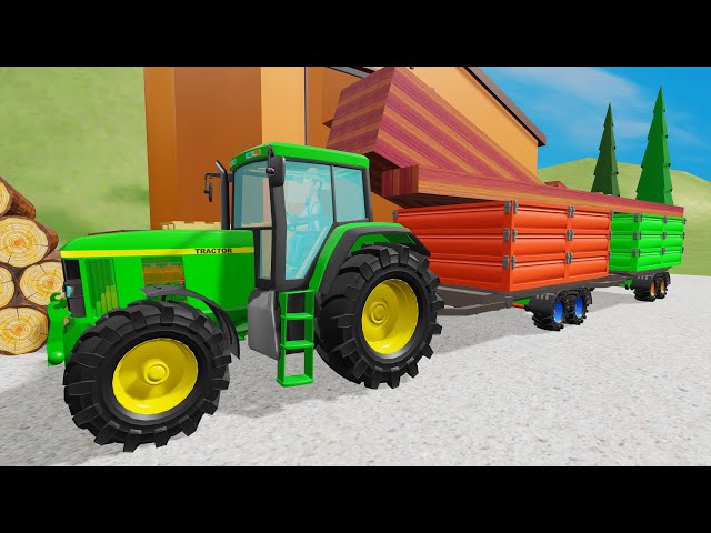 Two Colorful Trailers and Green Cartoon John Deere Tractor - We are building Wooden Shed on the Farm
