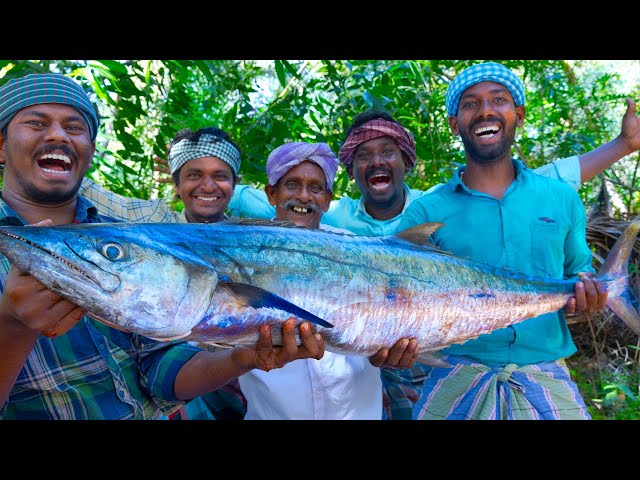KING FISH GRILL | Spanish Mackerel Fish Grill with Banana Leaf | Fish Fry Recipe Cooking In Village