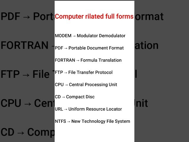 full form of NTFS POF URL FTP FORTRAN MODEM CD CPU | important full form