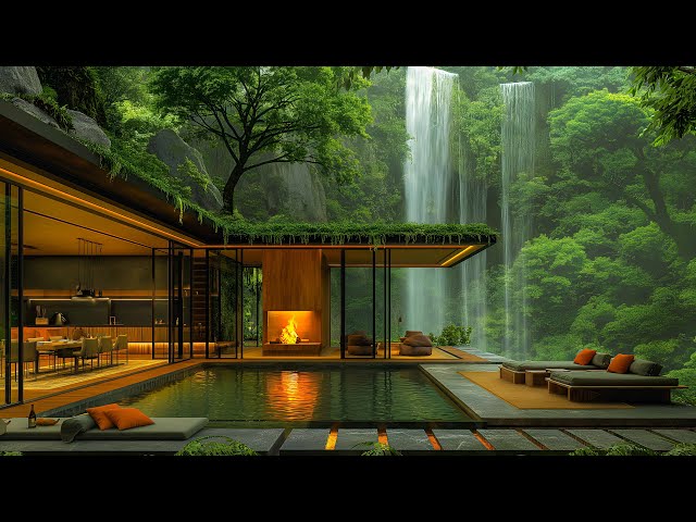 Warm Jazz Melodies & Waterfall Sounds In Cozy Living Room - Sweet Jazz In Tranquil Forest Ambience