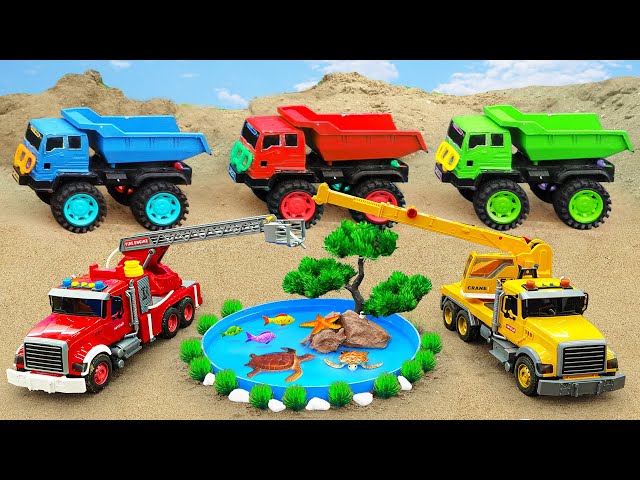 Rescue police car, excavator, fire truck - rescue the cow in the lake