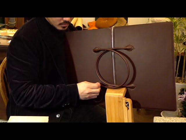 Process of Making Briefcase From Natural Cowhide Leather. Skilled Korean Leather Workshop
