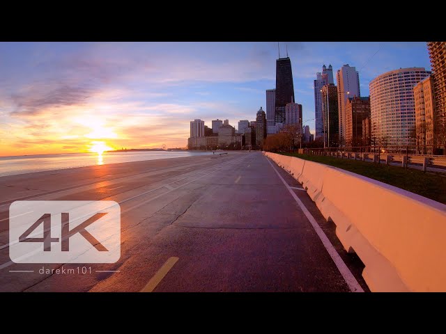Chicago lakefront virtual bike ride during spectacular sunrise. [4K]