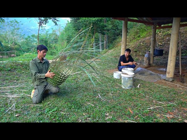 2nd day at Mr. DT's farm - Knitting a new bamboo backpack, Help my brother build a stove