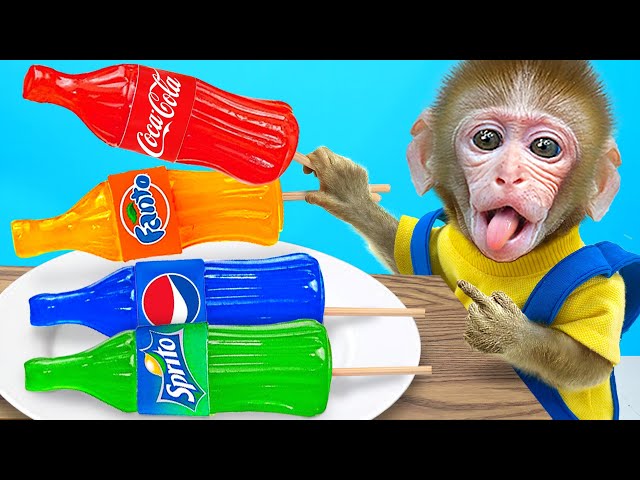 KiKi Monkey creates Coca or Fanta or Pepsi Jelly Idea and try M&M Chocolate Candy | KUDO ANIMAL KIKI