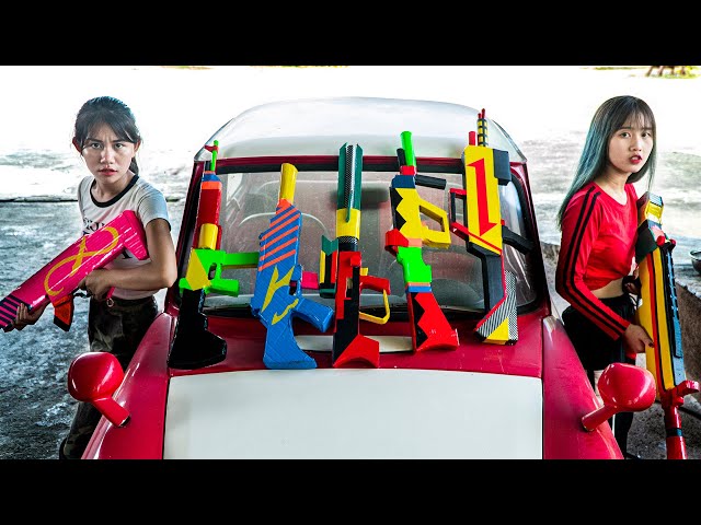 Xgirl Nerf Films: Cherry Come Back Antique Car & X Girl Nerf Guns Fight Rescuing Candy