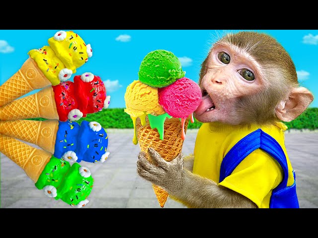 KiKi Monkey experiences Four Color Ice Cream Vending Machine | KUDO ANIMAL KIKI