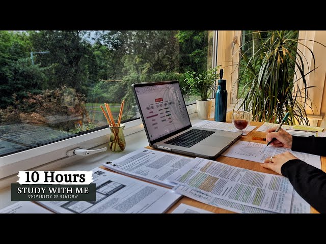 10 HOUR STUDY WITH ME on A RAINY DAY | Background noise, 10 min Break, No music, Study with Merve