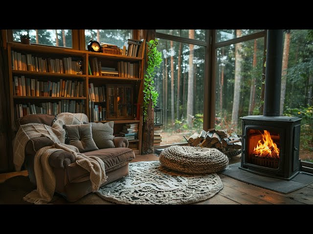 Snowfall Serenity | 🍀 Cozy Fireplace Nook in the Forest Library | Relaxing Fire Sounds & Birdsong