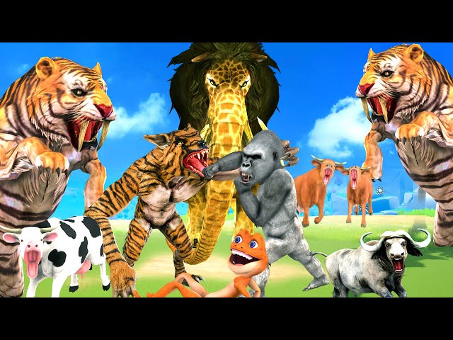 10 Monster Lion vs 10 Cow vs 10 Giant Tiger Wolf Attack Cow Cartoon Buffalo Saved By Giant Gorilla